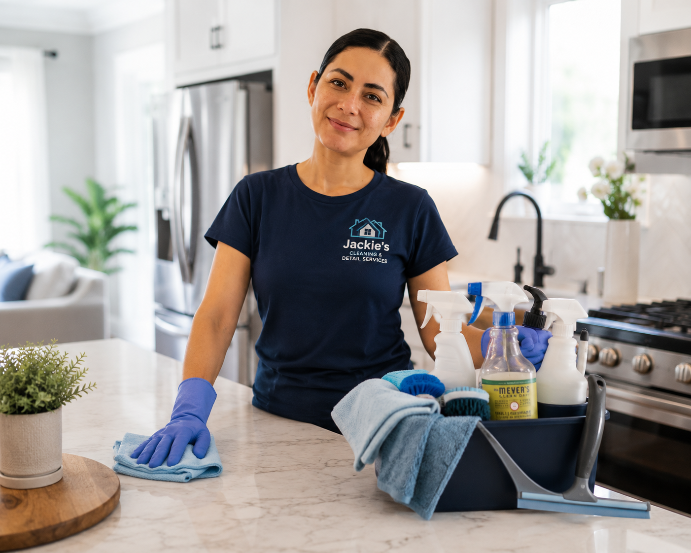 Jackie holding professional cleaning supplies in a clean home