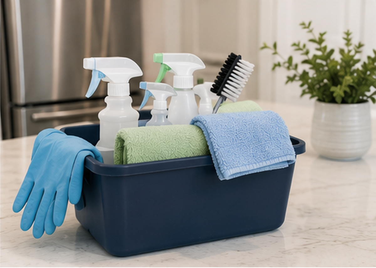 Organized cleaning caddy with professional cleaning supplies